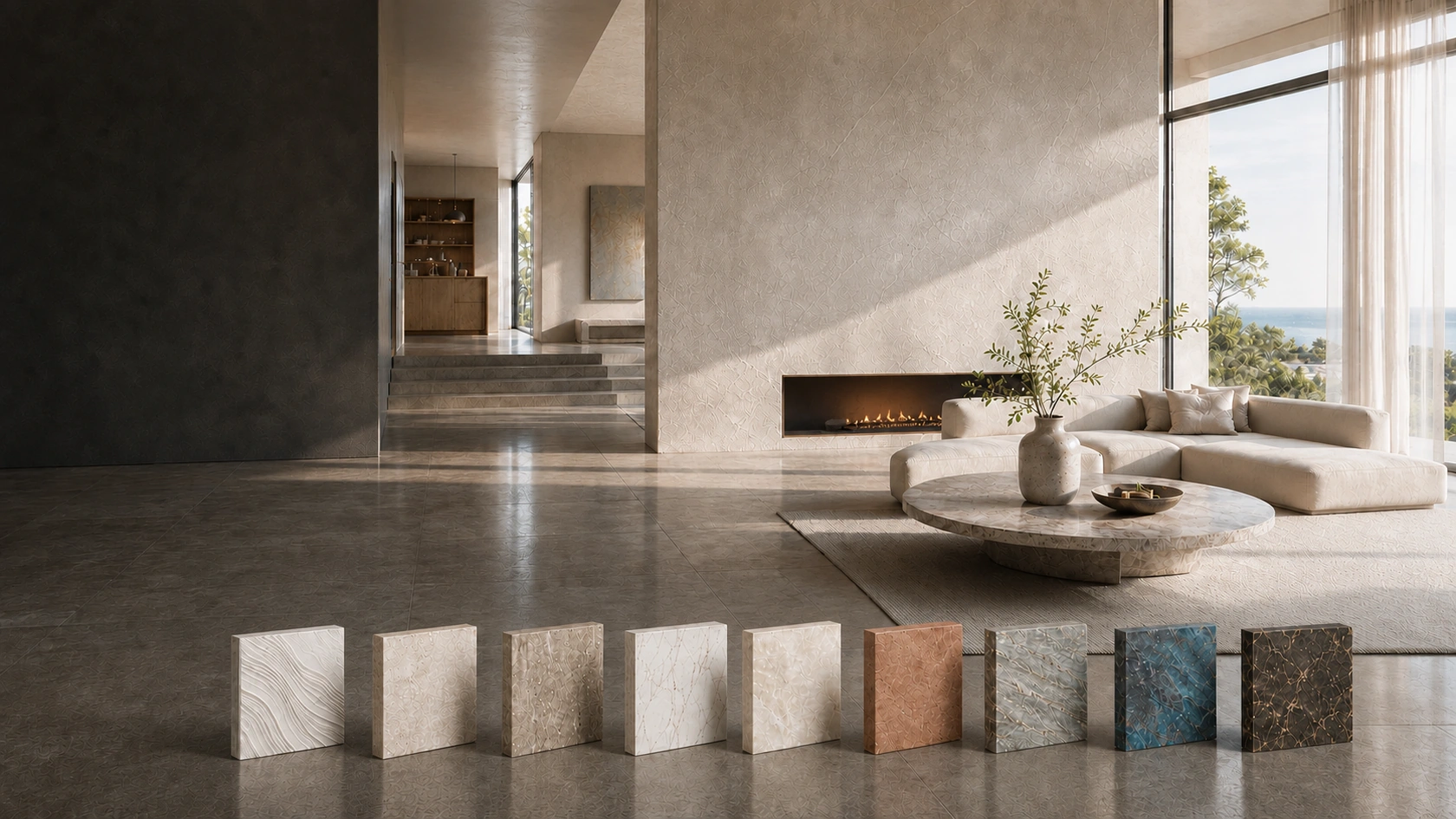 Bright luxury living room with a hand-finished mineral fireplace wall and nine freestanding decorative surface samples